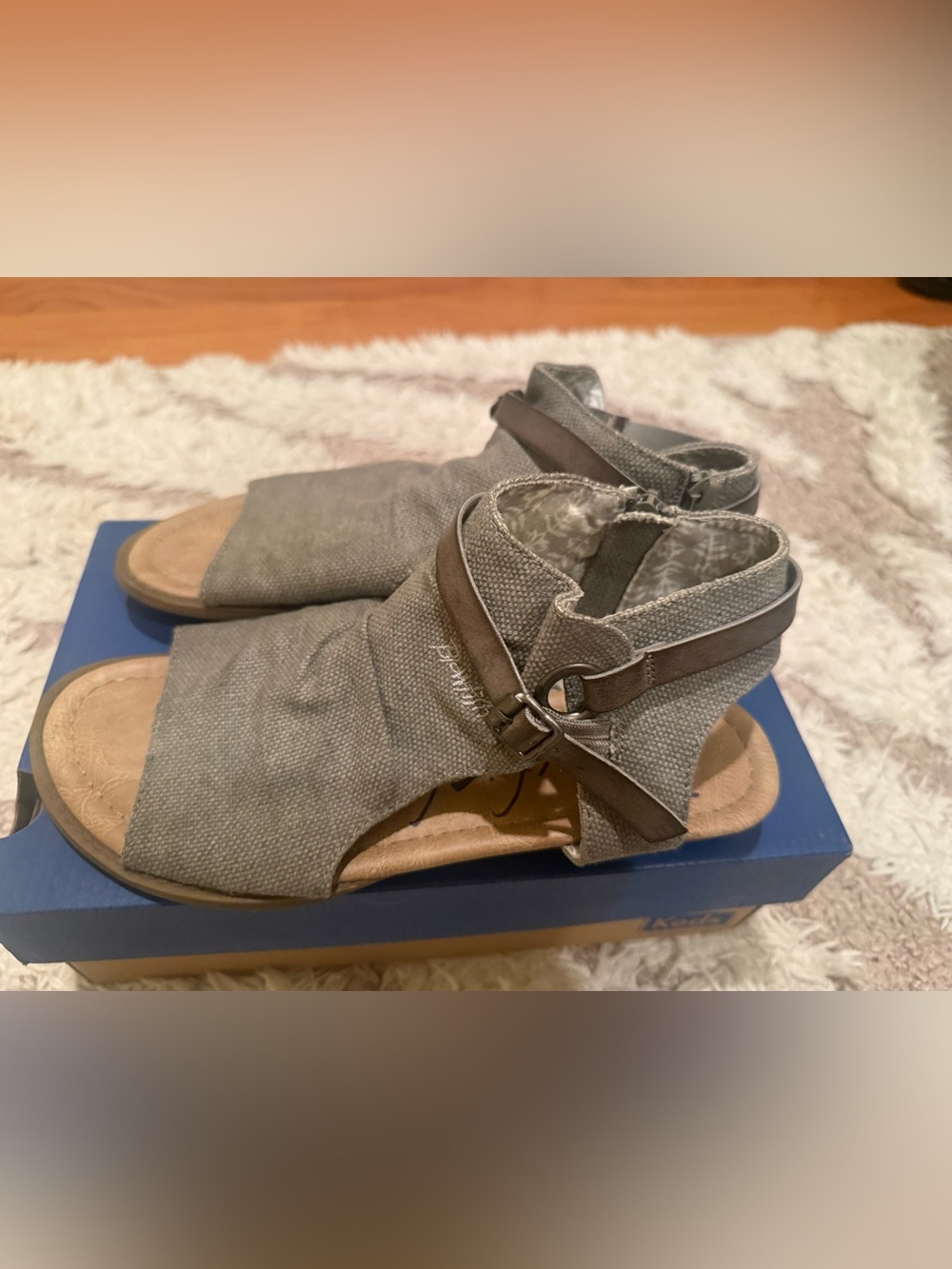 Gray Canvas Peep-Toe Sandal with Buckle Strap